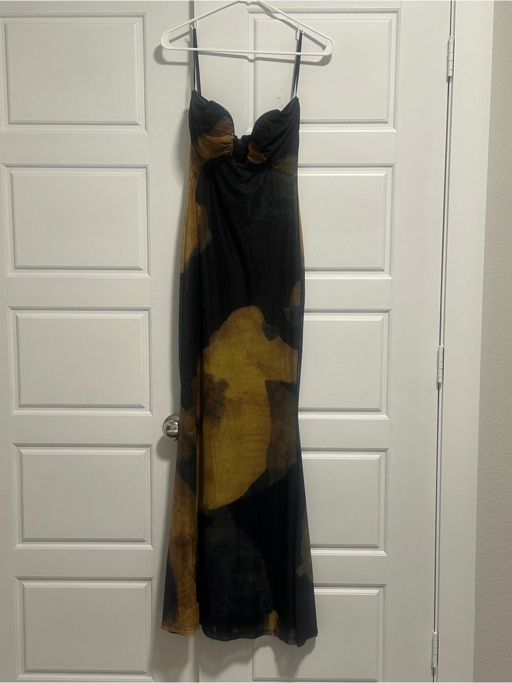 Black & Mustard Slip Maxi Dress with Spaghetti Straps
